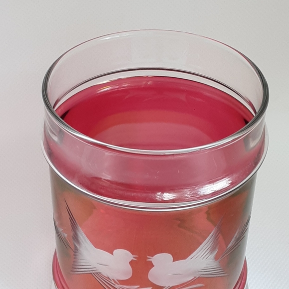 Vintage Etched Cranberry Flash Glass Jar Doves Birds - Picture 9 of 12